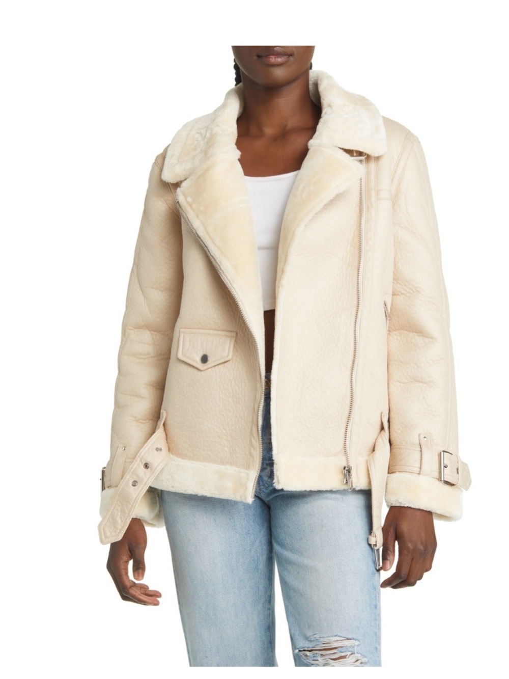 Topshop Faux Leather Biker - Women's Cream Shearling Moto Jacket